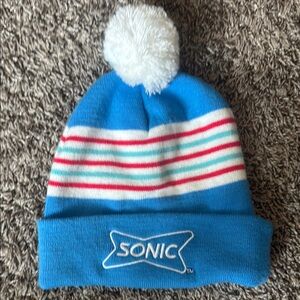 Sonic Blue Striped Pom-Pom Beanie